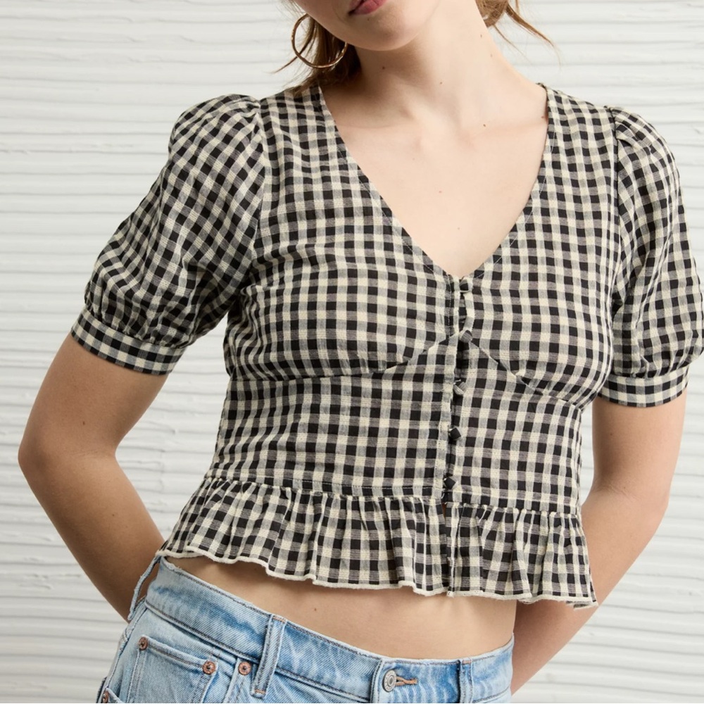 American Eagle Gingham V-Neck Puff Sleeve Corset Shirt